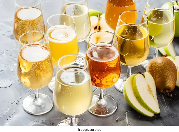 Closeup of Various Flavored Cider in Glasses with Pear Slices