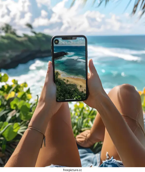 Woman Holding Phone While Taking Picture of Beach