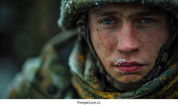 Portrait of a young soldier with blue eyes and a determined expression on his face