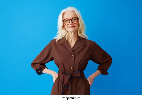 Stylish Senior Woman in a Brown Jumpsuit against a Blue Background