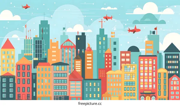 Colorful Cityscape Illustration with Flying Planes