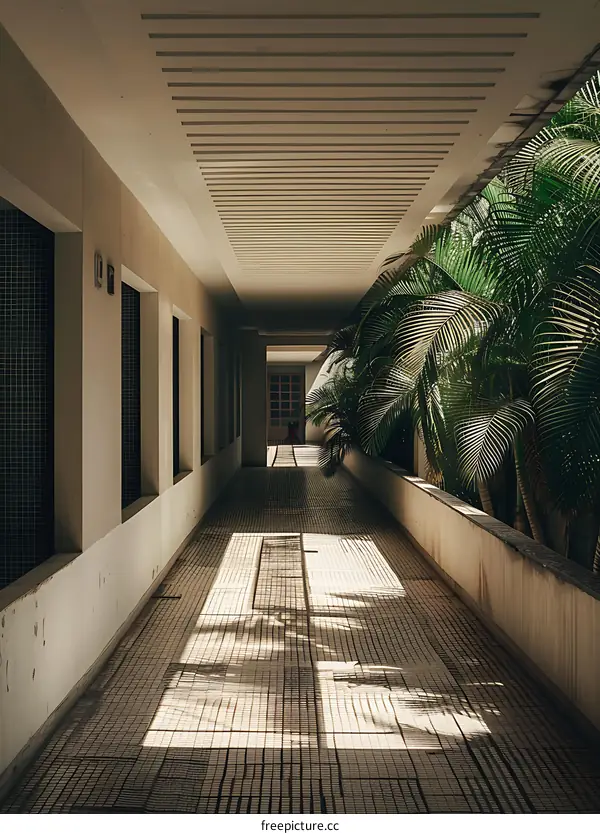 Palm Tree Shadows Through Hallway Windows