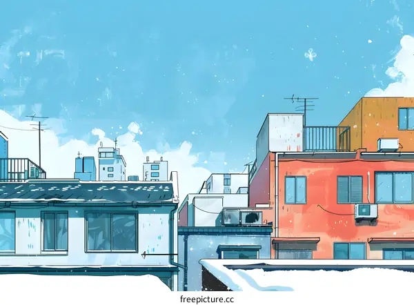 Winter Scene of City Rooftop with Blue Sky and Snow