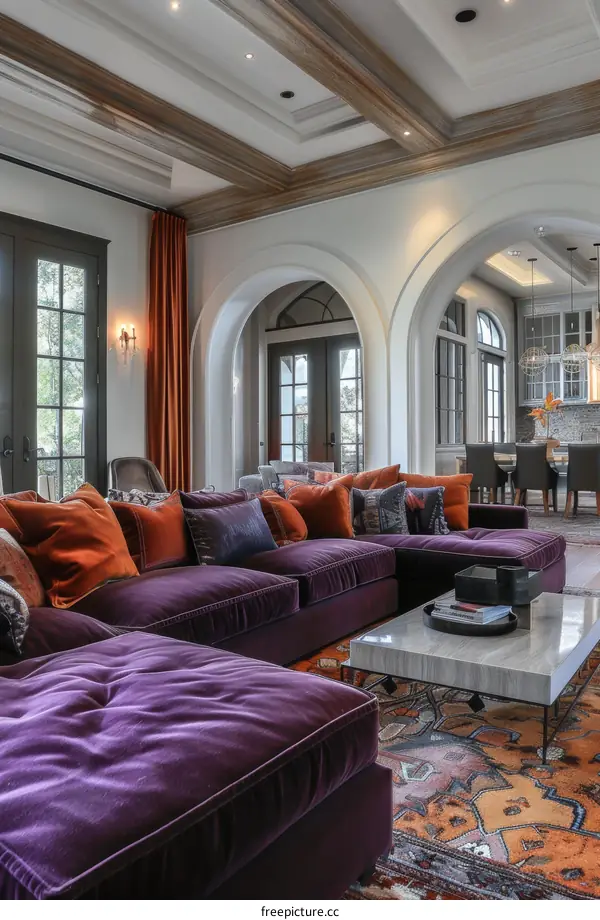 Modern Purple Velvet Sectional Sofa in Luxury Living Room with High Ceilings