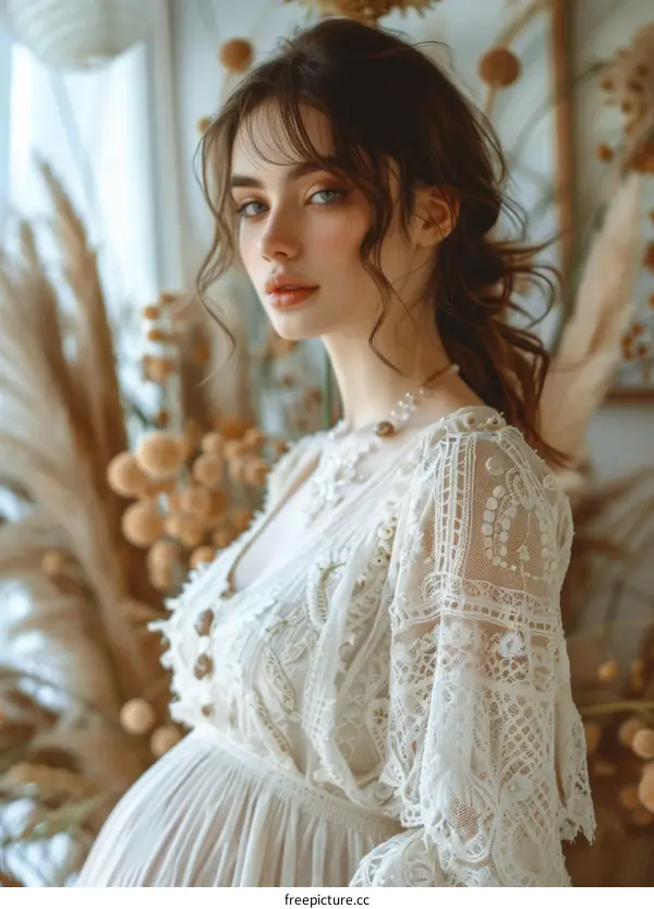 Pregnant Woman in Elegant Lace Dress