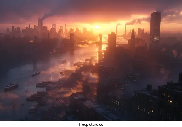 A sprawling metropolis with a meandering river and a bridge