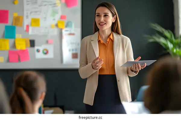 Businesswoman Giving Presentation Using Tablet In Meeting Room