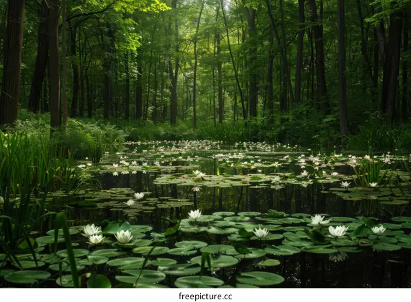 Mystical Forest Pond with Glowing Water Lilies