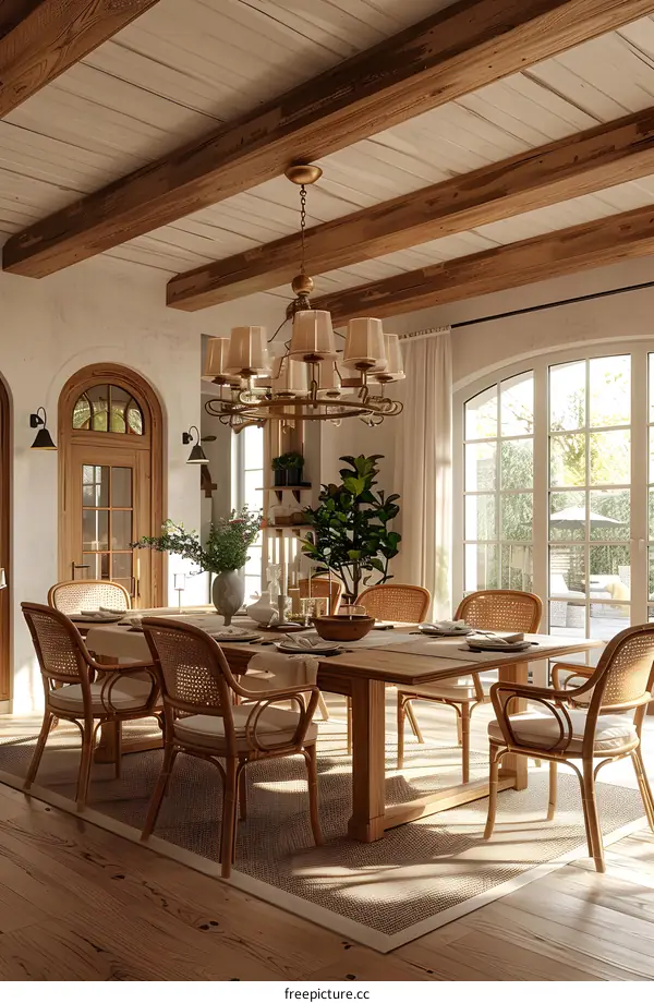 Rustic Farmhouse Dining Room With Wood Ceiling And Large Windows