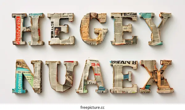 Cardboard letters made of newspaper clippings