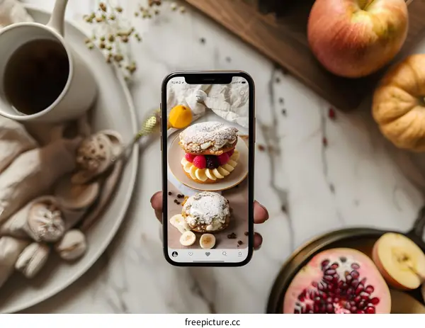 Closeup of a Hand Holding a Smartphone Taking a Photo of Delicious Dessert with Fruits