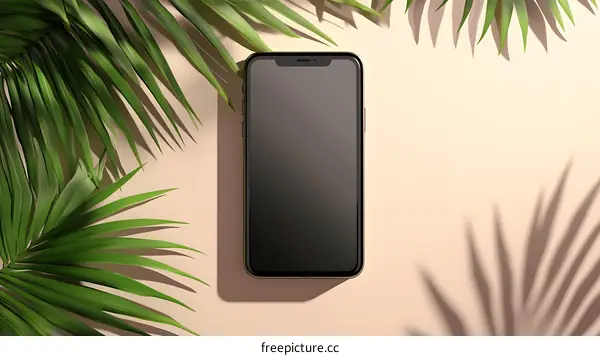 Black Smartphone Mockup with Palm Leaves