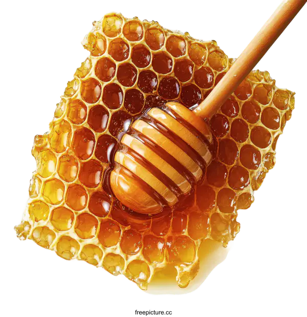 [Transparent Background PNG]Honeycomb and Honey Dipper Close-up
