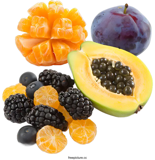 [Transparent Background PNG]Fresh Fruit Assortment with Tangerine, Papaya, Plum and Blackberries