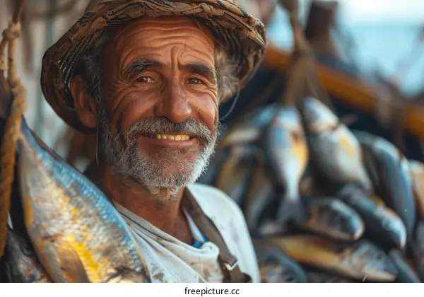 Portrait of a happy fisherman with a big catch of fish