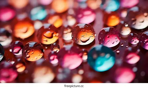 Colorful water drops on a reflective surface