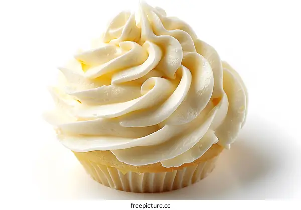 Close-up image of a vanilla frosted cupcake against a white background