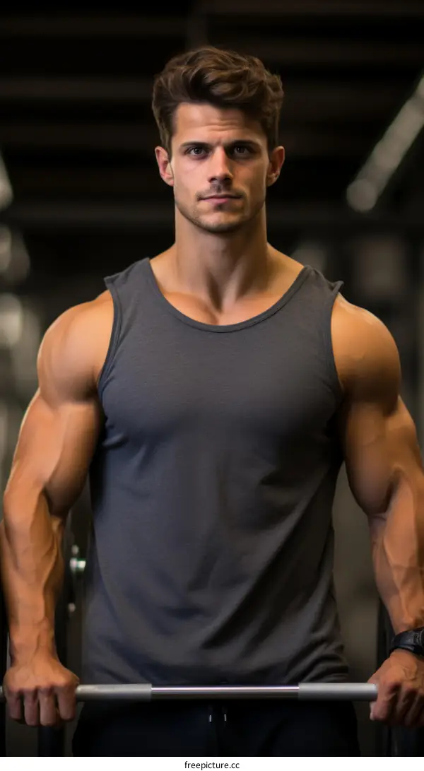 muscular man in gray tank top standing in front of barbells