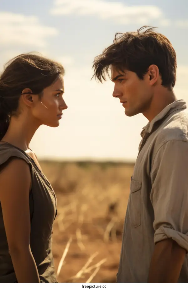 A man and a woman stand in a field, looking at each other with serious expressions.