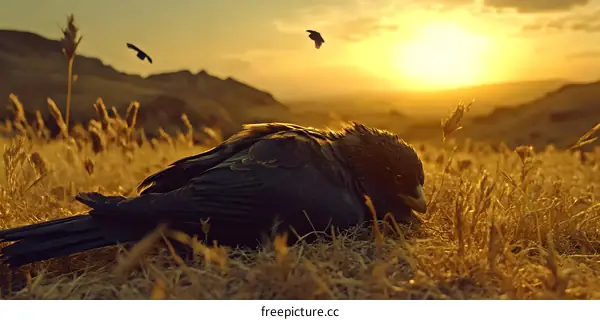 Bird Resting in Grassland at Sunset