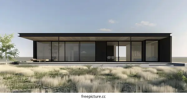 Modern Black House With Large Windows and Grass in Front