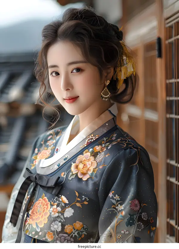 Portrait of a young woman in traditional Korean dress, or Hanbok