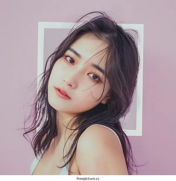 Portrait of a Young Woman with Long Black Hair and a White Tank Top