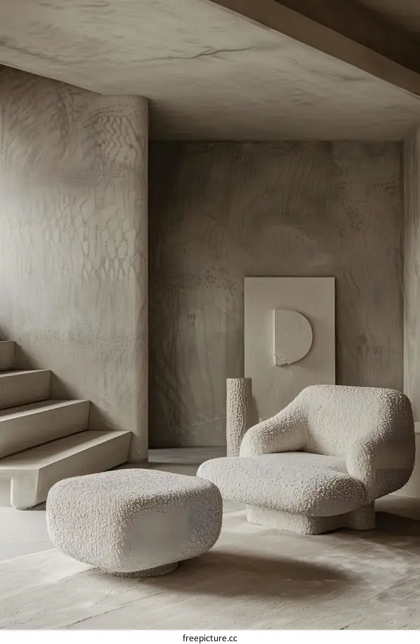 Modern Interior Design with a Concrete Wall and a Fluffy Sofa