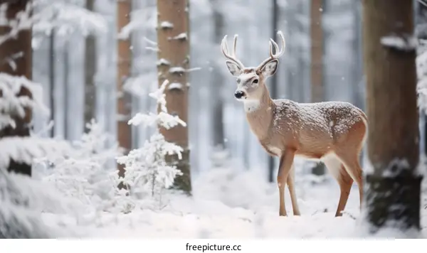 A Solitary Deer Stands in a Snowy Forest