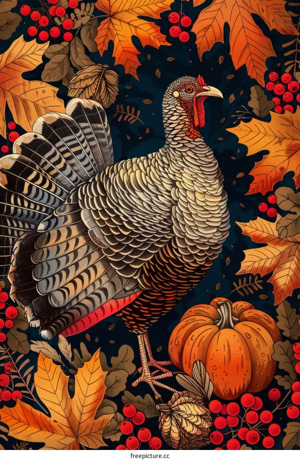 A Thanksgiving Turkey with Pumpkins and Fall Foliage