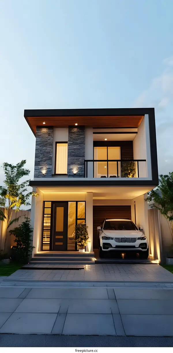 Modern House with Balcony and Car in Front
