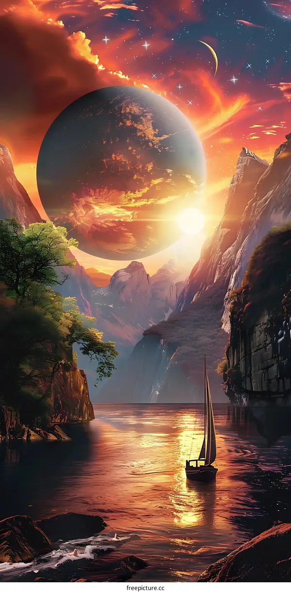 Fantasy Landscape with Sunset and Sailing Boat