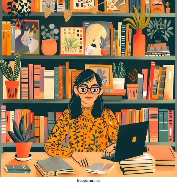 Woman in a Yellow Sweater Sitting at a Desk with Books and a Laptop