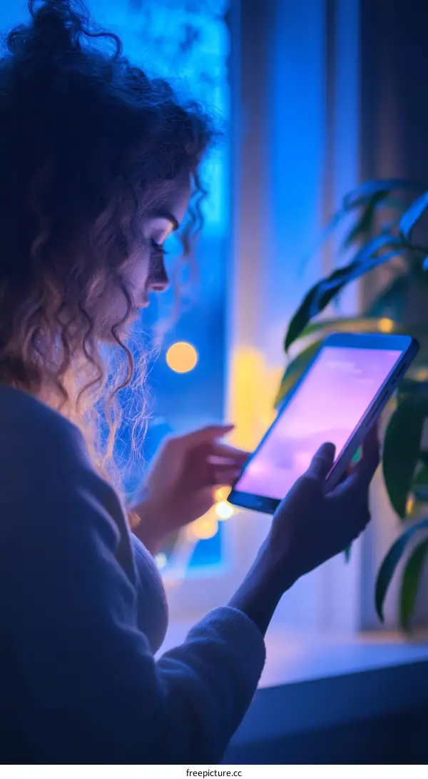 Woman using tablet at night by window