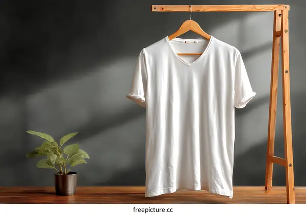 Blank White V-Neck T-Shirt on Wooden Hanger