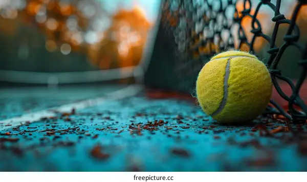A close-up of a tennis ball on a tennis court with the net in the background