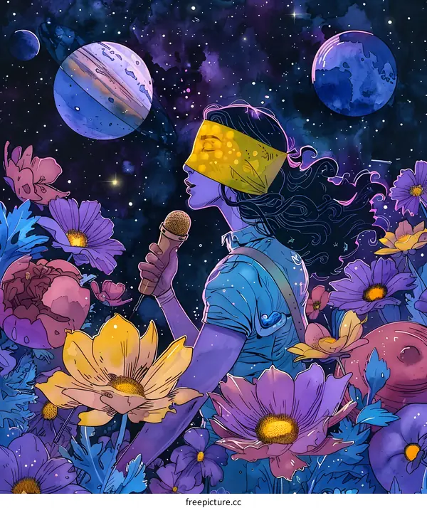 Cosmic Serenade: Woman Singing Among Flowers and Stars