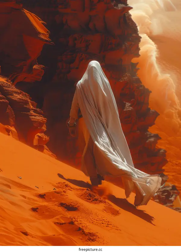 A figure in a white robe walks through a desert canyon