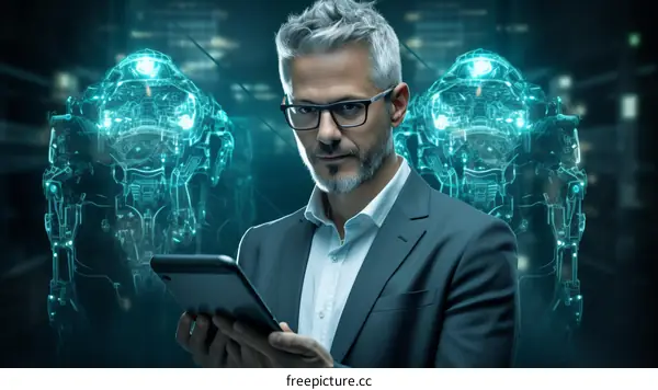 A man in a suit holding a tablet with a futuristic background