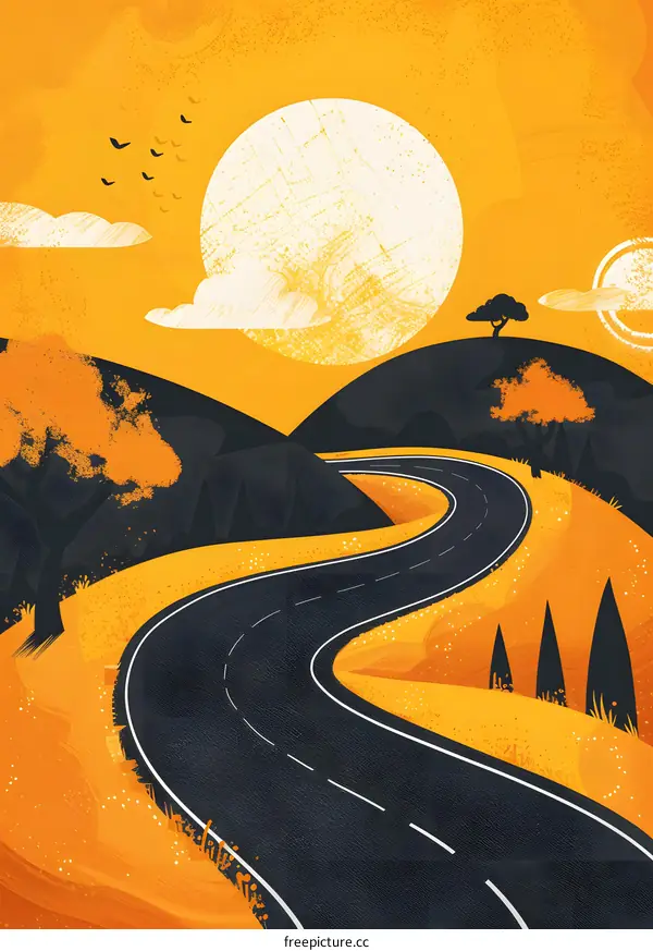 Winding Road Through Yellow Landscape with Sun