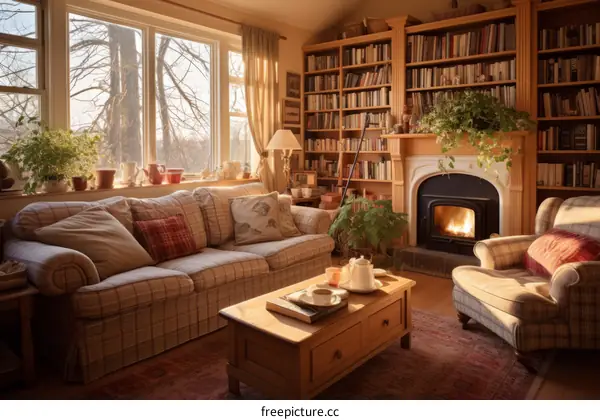 Cozy Living Room with Fireplace and Ample Windows