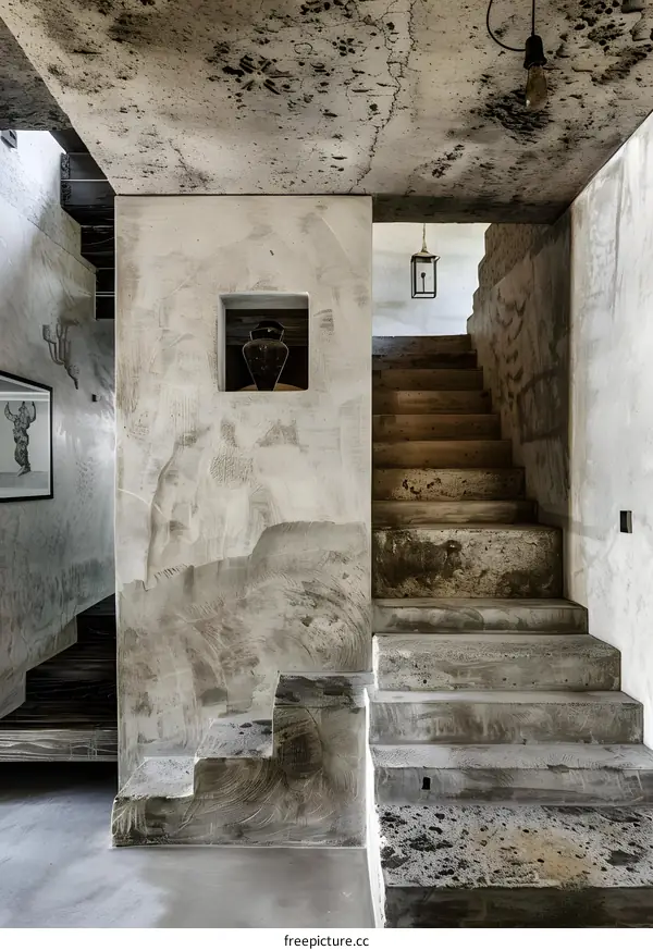 Concrete Staircase with Rough Textured Walls in Modern Interior Design