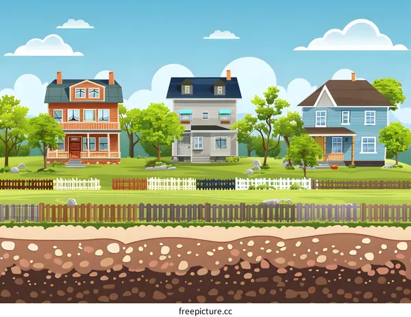 Cartoon Style Illustration Of Three Houses With Fences