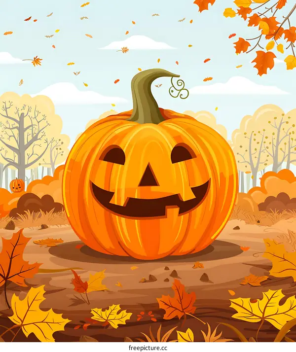 Smiling Jack O Lantern Pumpkin in Autumn Forest