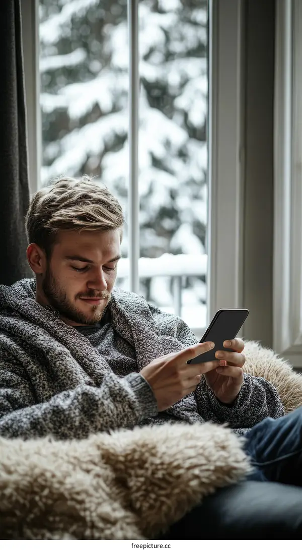 Man using smartphone by the window on a snowy day