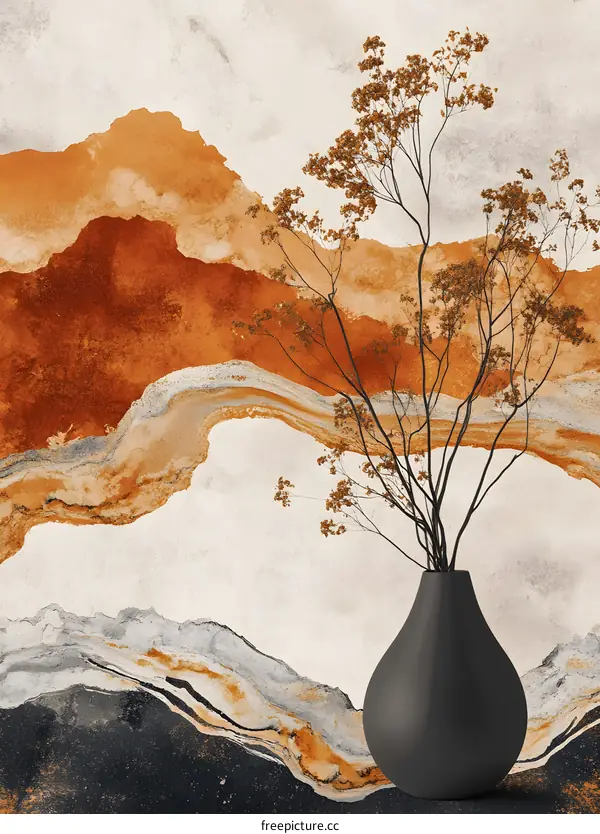 Abstract Art With Dried Flowers in a Black Vase