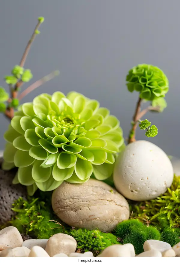 Closeup of Green Dahlia Flower with Moss and Stones