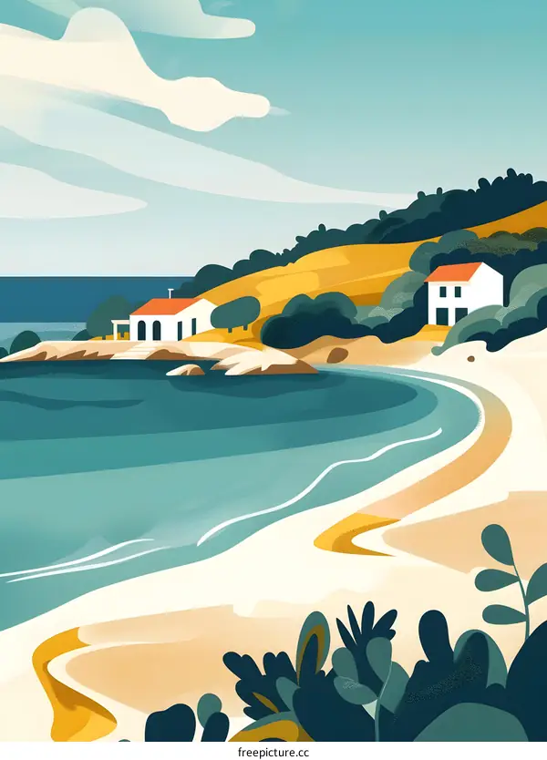 White Houses On Green Hill By The Sea