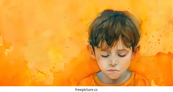 watercolor painting of a sad boy with his eyes closed