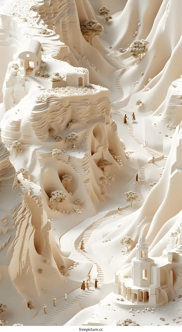 3D illustration of a fantasy landscape with people walking on a path